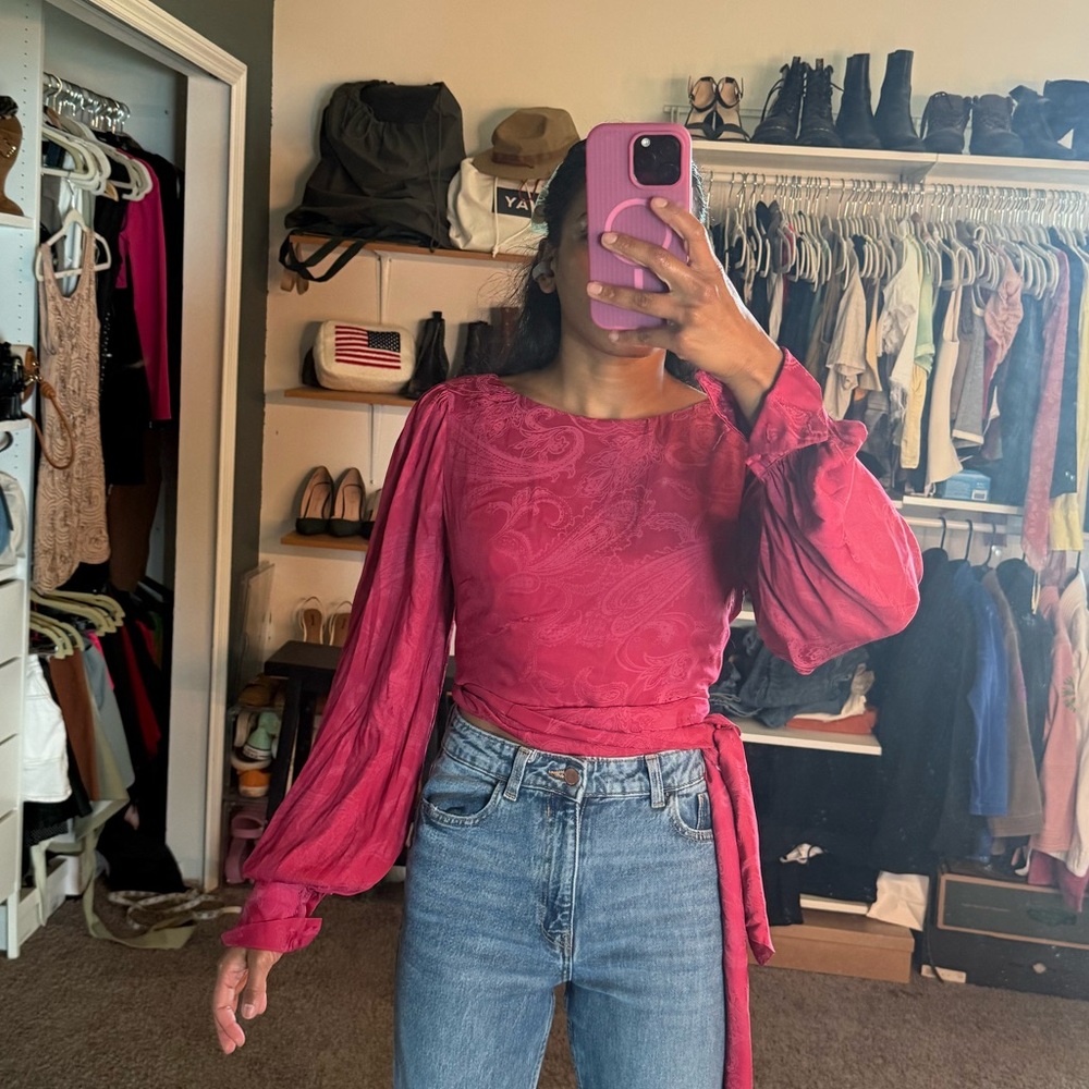 Tularosa Pink Puff Sleeve Asymmetrical Blouse